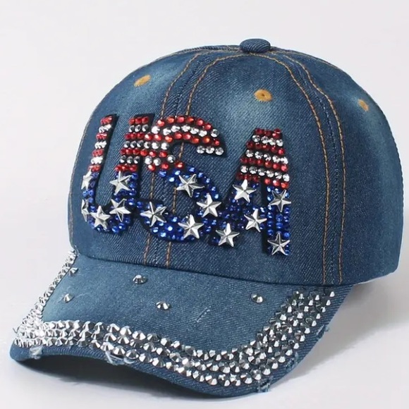 Rhinestone USA Flag Denim Baseball Hat - Picture 1 of 10
